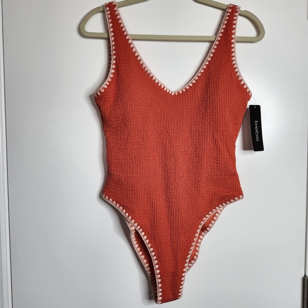 Bebe One Piece Swimsuit Womens Large Orange White Stitch Trim NEW Bathing Suit